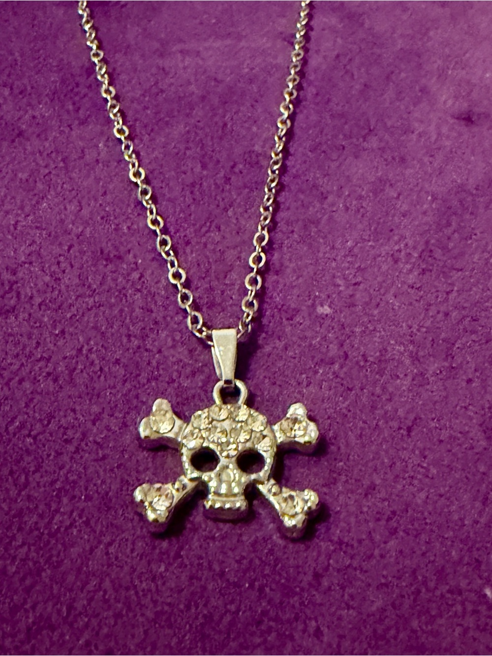 Skull and Crossbones Silver Rhinestone Pendant Necklace - Picture 1 of 9